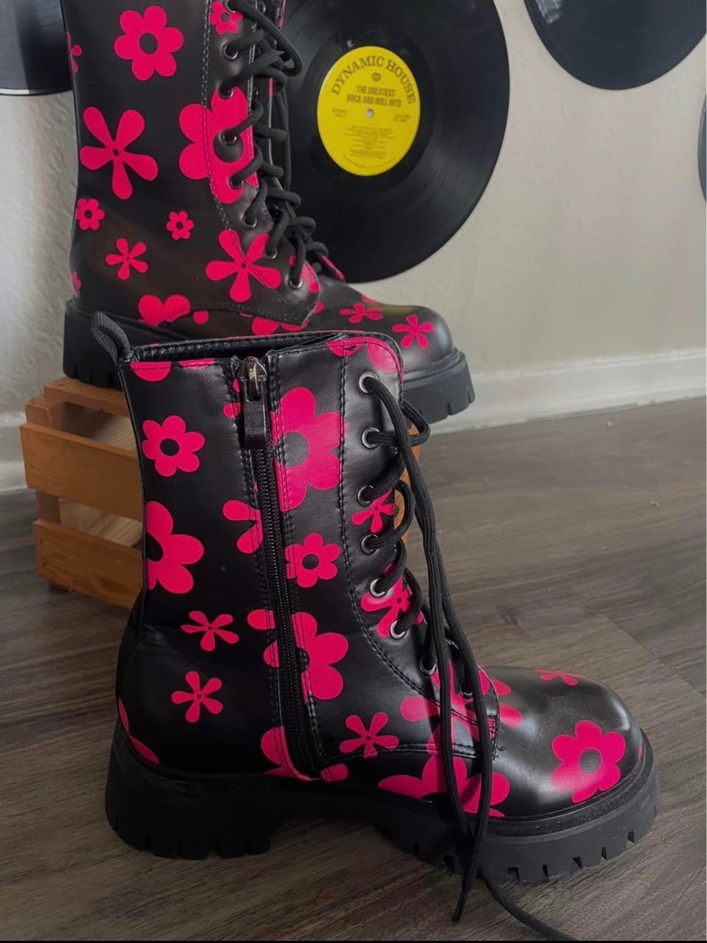 Black Boots with Pink Flower Print - Lace-Up Zip Combat Boots